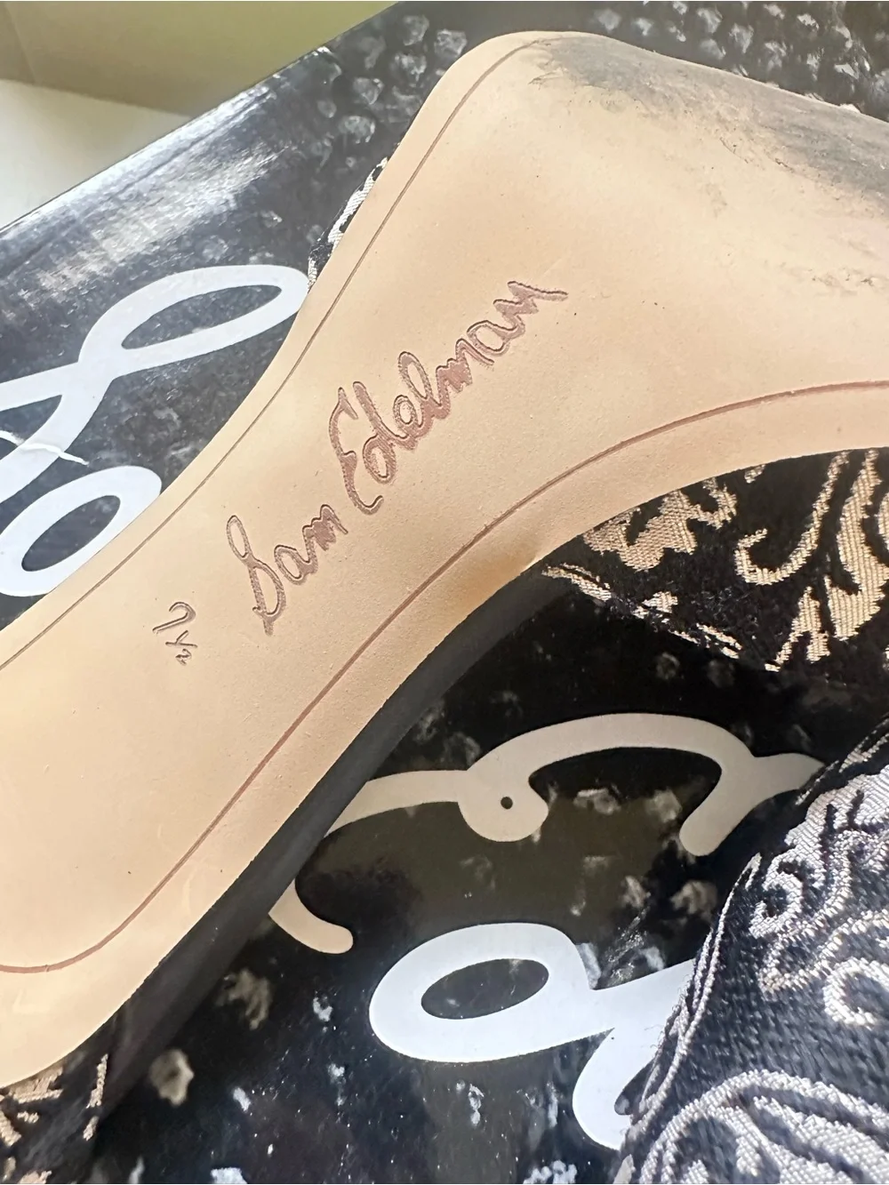 Sam Edelman Black and Cream Embroidered Pointed-Toe Ankle-Strap 3 inchesHeels